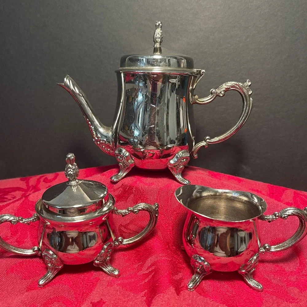 Vintage International Silver Tea Set Silver Plated Teapot Creamer Sugar Bowl